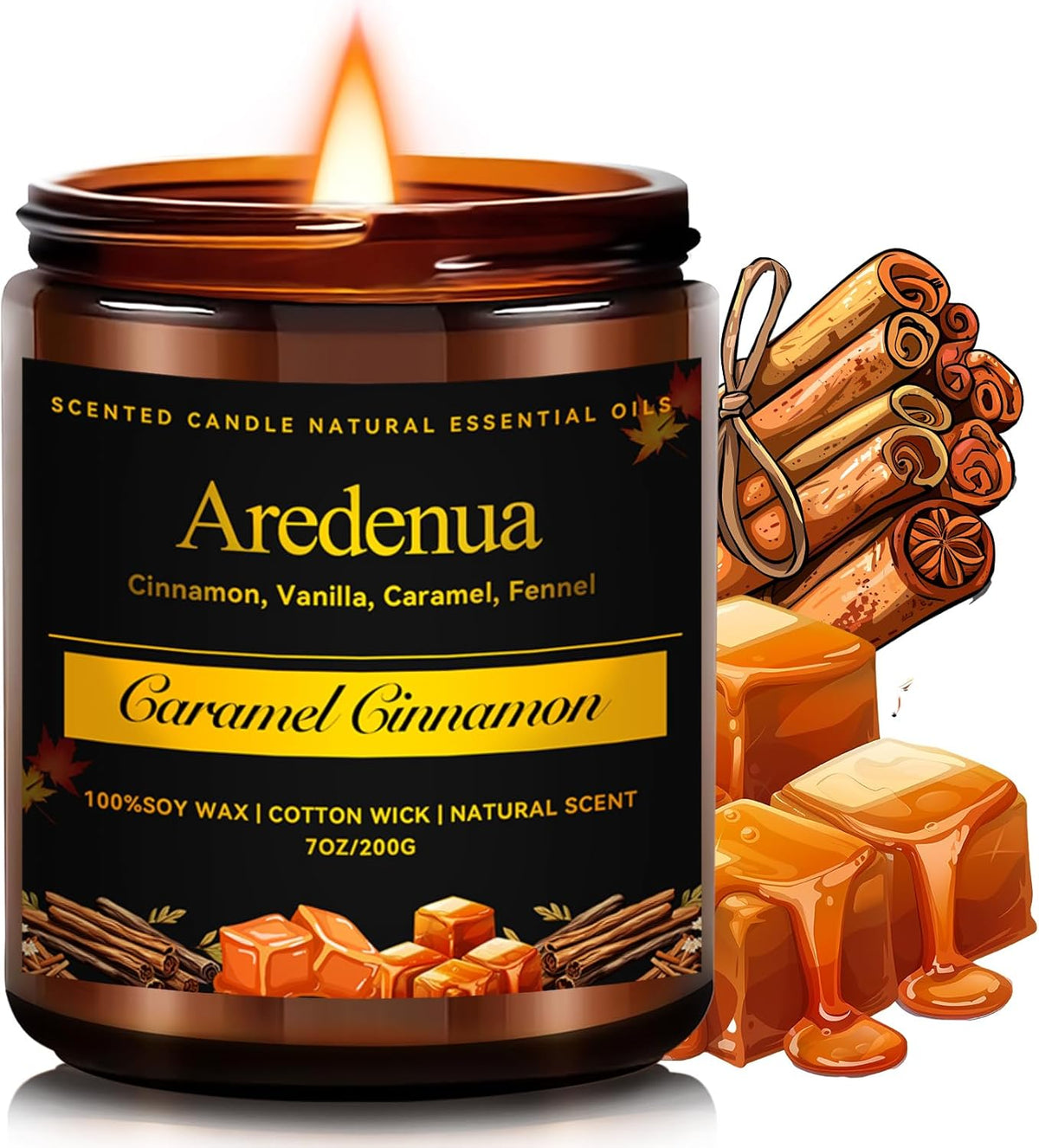 Caramel Cinnamon Candle - Fall Candle | Cinnamon Scented Candles for Autumn, 7oz Fall Soy Candles for Home Scented, 50 Hours Burn Time, Cozy Season/Halloween/Thanksgiving/Autumn Gifts for Women Men