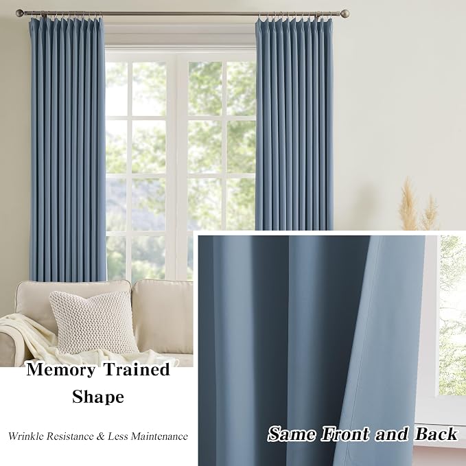 Dusty Blue Pleat Wide Width Drapes 80 x 96 inch Long 2 Panels - Image 6