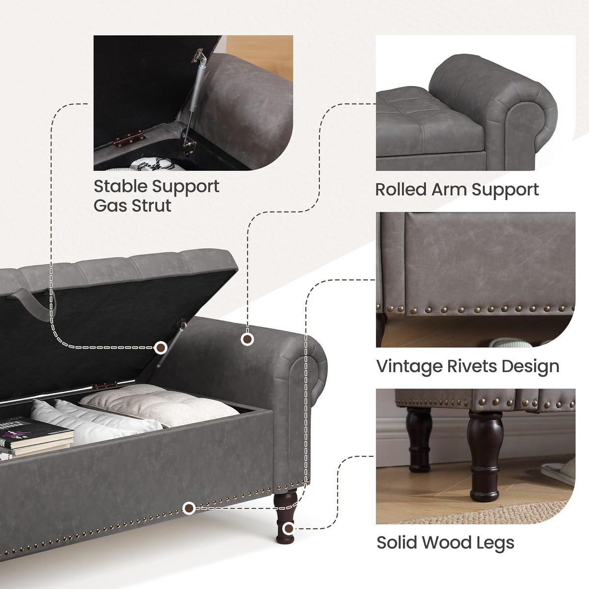 YOUDENOVAn 60”Bench with Storage, Upholstered Tufted Button Window Bench with Plenty Hidden Storage Space,Faux Leather Ottoman Bench for Bedroom, Living Room, Entryway，Grey
