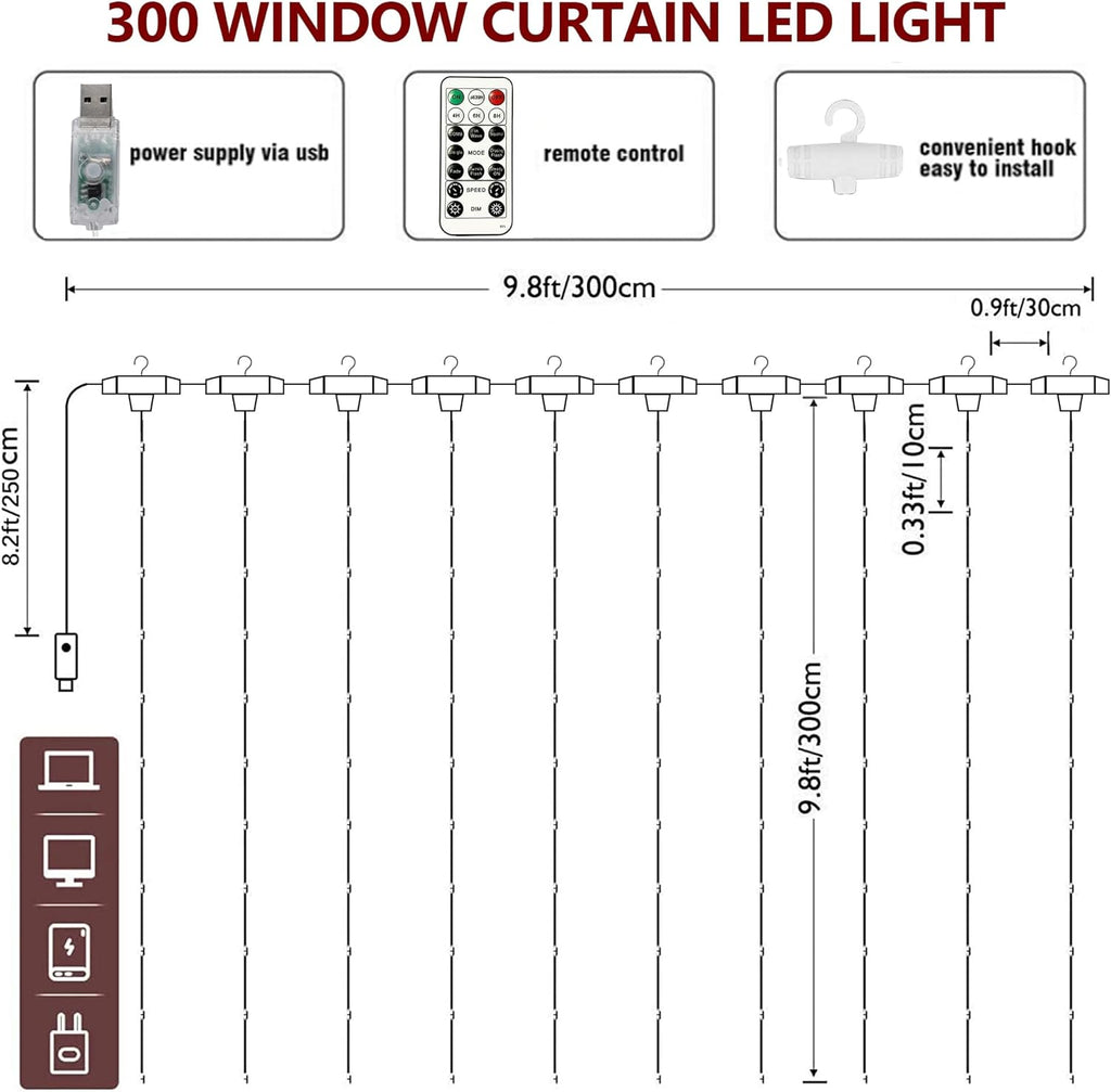 HOME LIGHTING Window Curtain String Lights, 300 LED 8 Lighting Modes Fairy Copper Light with Remote, USB Powered for Christmas Party Wedding Home Decorations (Warm White)