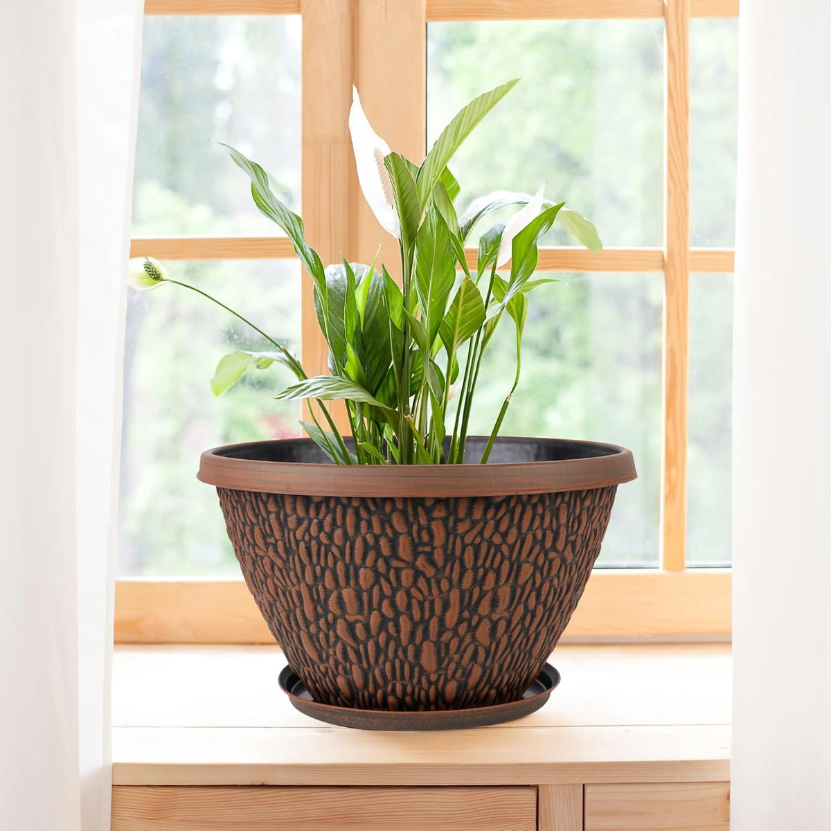 4 Pack Plant Pots Outdoor Indoor, 8 Inch Small Flower Pots with Drainage Hole & Tray, Thickened Plastic Outdoor Planters for Garden House Decor - Pebbles Pattern Design