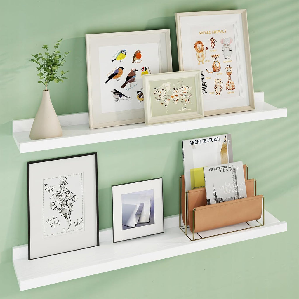 Floating Picture Ledge Shelves 36 Inch Solid Oak Wood Set of 2, Rustic Wall Storage Shelves with Lip, Kids Bookshelf, Photo & Picture Ledge Shelves for Bedroom, Living Room, Kitchen