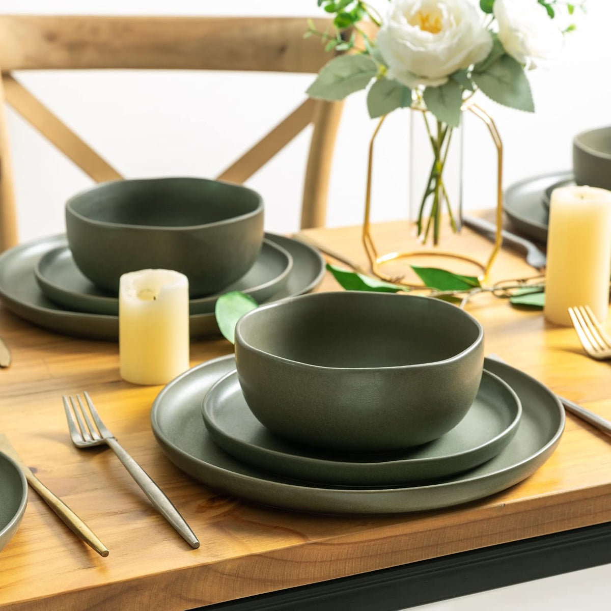AmorArc Ceramic Dinnerware Sets, Wavy Rim Stoneware Plates and Bowls Sets, Highly Chip and Crack Resistant | Dishwasher & Microwave Dishes set, Service for 4 (12pc)-4 Color