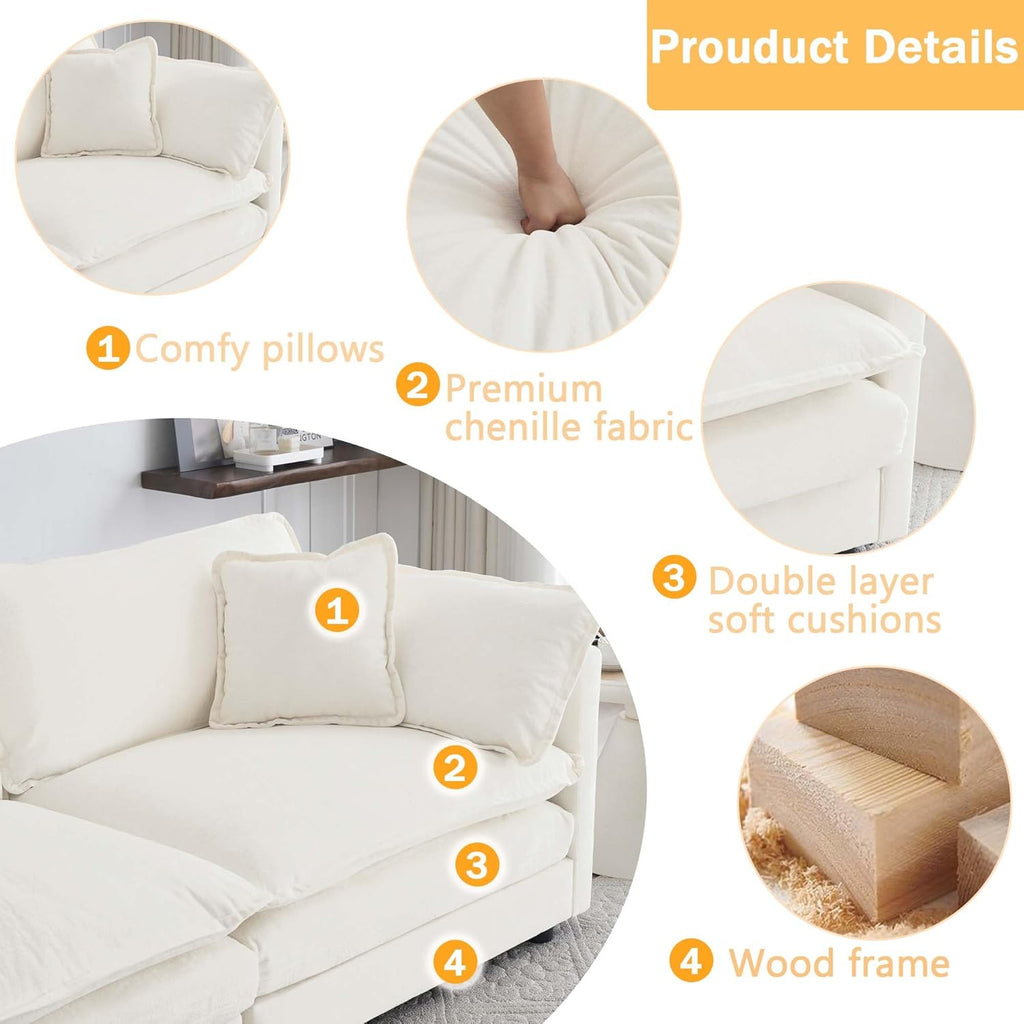 Sectional Sofa 3 Seater with Movable 2 Ottomans,Oversized Modular Couch Deep Seat (Beige, 111.5 inch-U)
