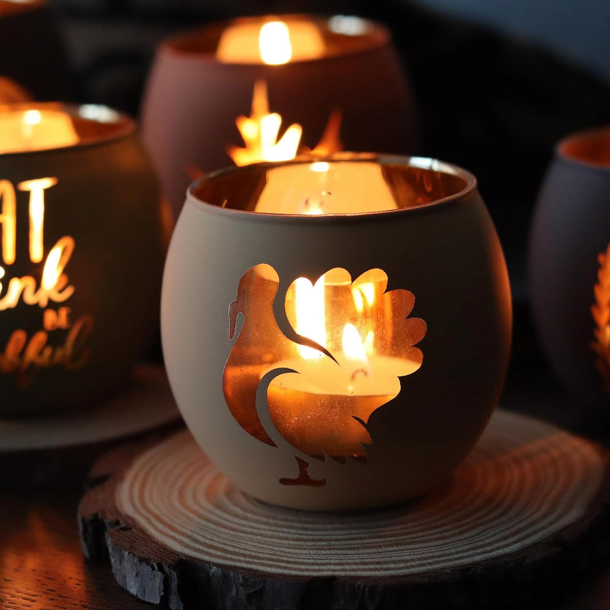 Thanksgiving Votive Candle Holder Set of 6, Glass Votives Holder with 6 Laser Engraving Patterns, Tealight Holders Bulk for Fall Table Centerpiece Decor