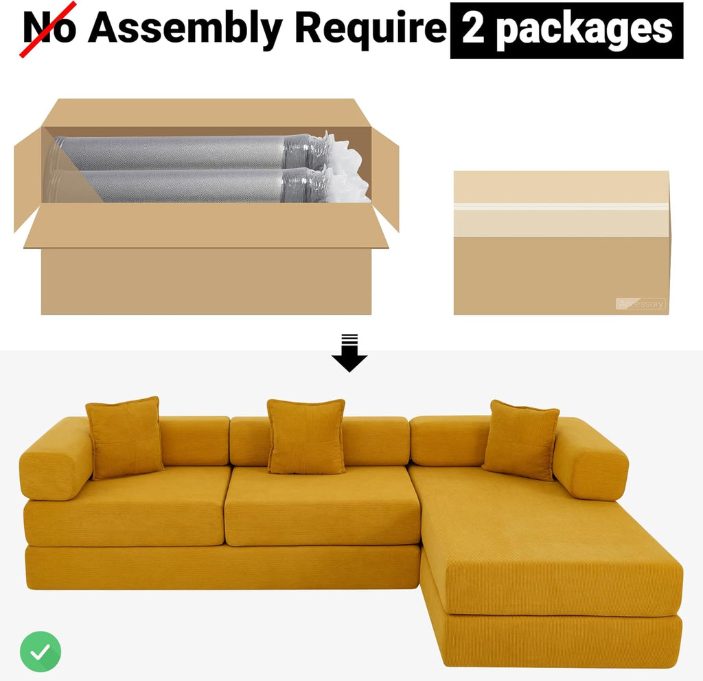108" Oversized Convertible Sleeper Sofa Bed, Corduroy L Shape Sectional Couch, Folding Sofa Bed with Side Pocket, Modern Cloud Floor Mattress Couch, Modular Sofa for Living Room, Yellow