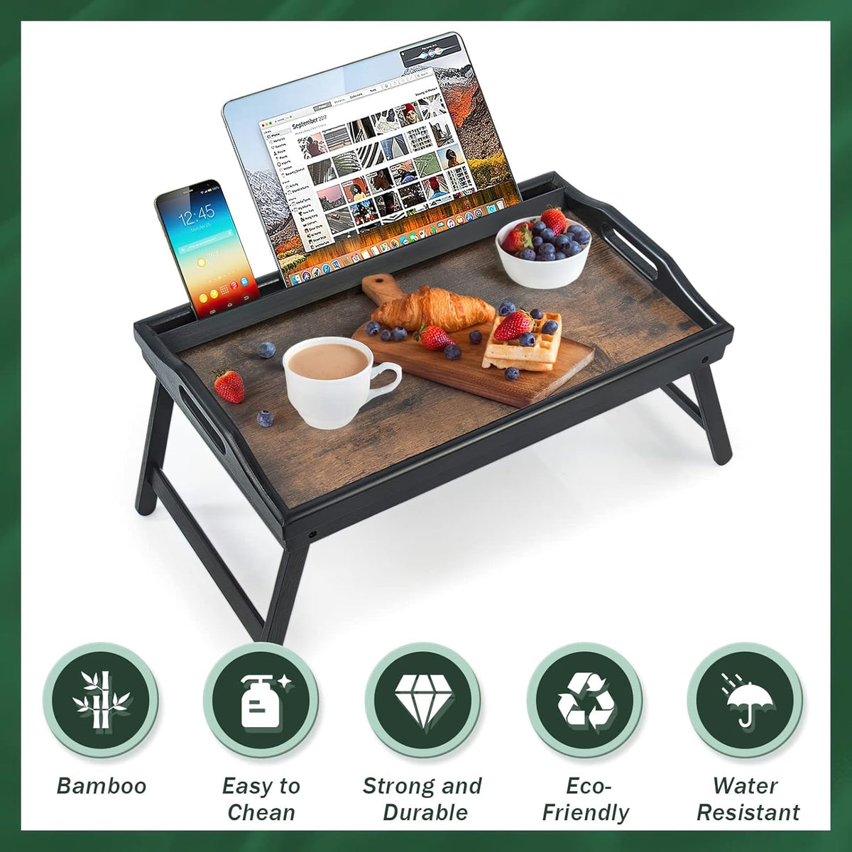 2 Pack Bed Tray Table Breakfast Trays Serving Tray Bamboo Bed Laptap Floding Legs with Handles and Phone Holders