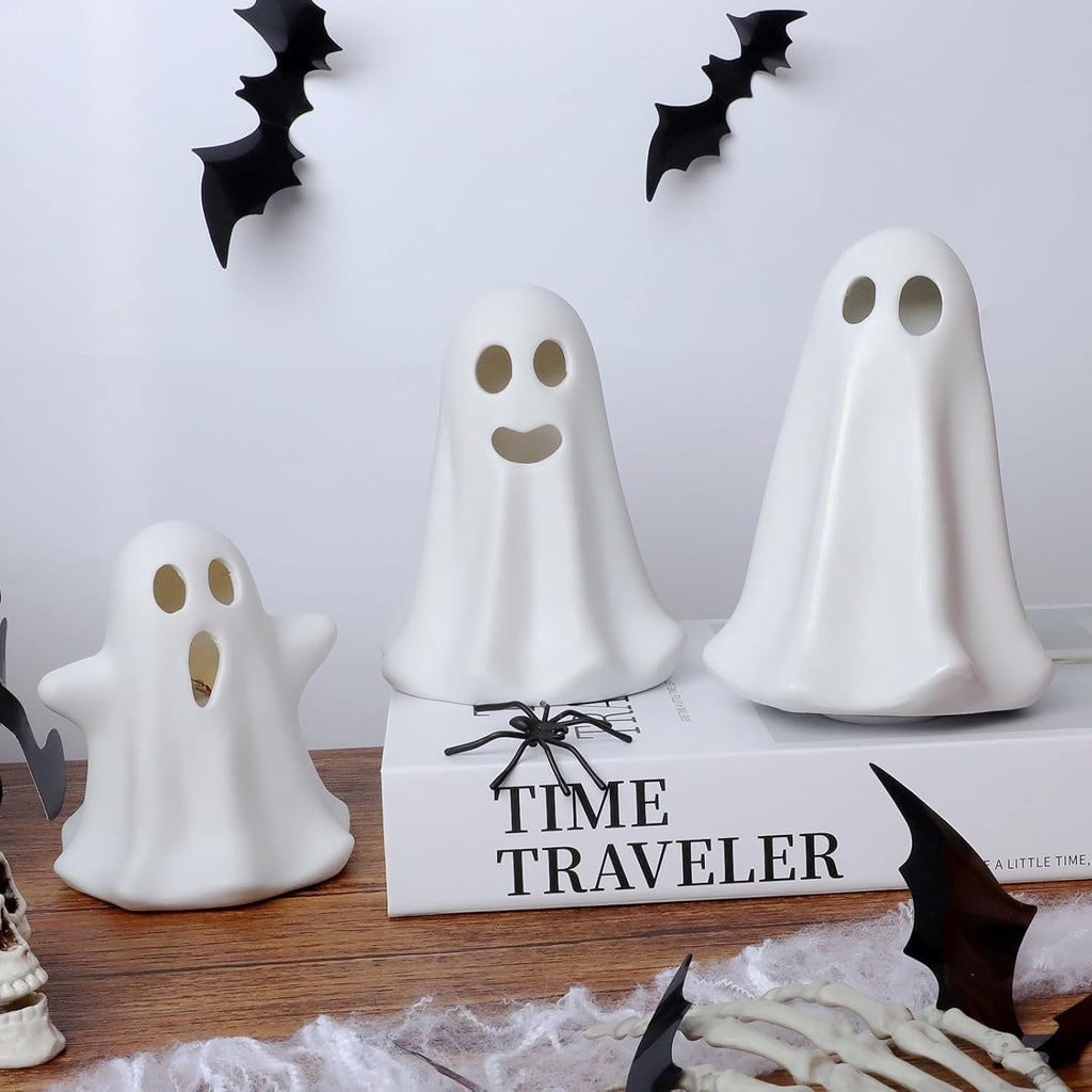 [Timer] Light Up Ghost Halloween Decor, 3 Pcs Ceramic Halloween Ghost Decorations Indoor, Cute White Ghost Figurines Statue for Indoor Decor Home Table (A)