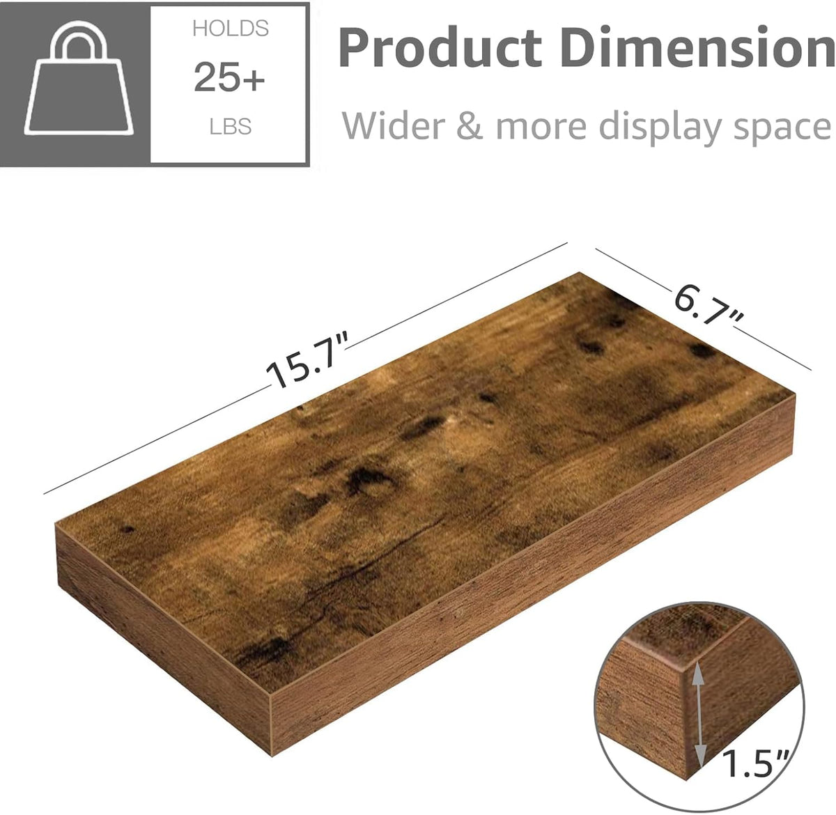 QEEIG Floating Shelf for Wall Bathroom Shelves Bedroom Kitchen Living Room Farmhouse Small Book Shelf 16 inch Set of 1, Brown (015-BN1)