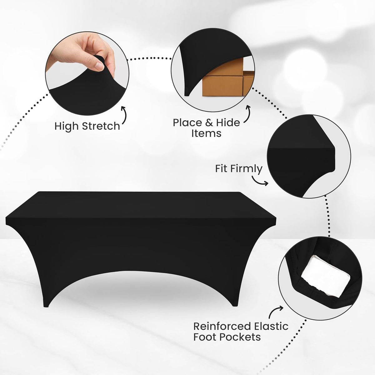 Utopia Kitchen 8FT Spandex Tablecloth [2 Pack, Black] 200 GSM Stretch, Fitted, Washable and Wrinkle Resistant Table Cloth Rectangle Cover for Trade Shows, Wedding, Parties [96Lx30Wx30H Inch]
