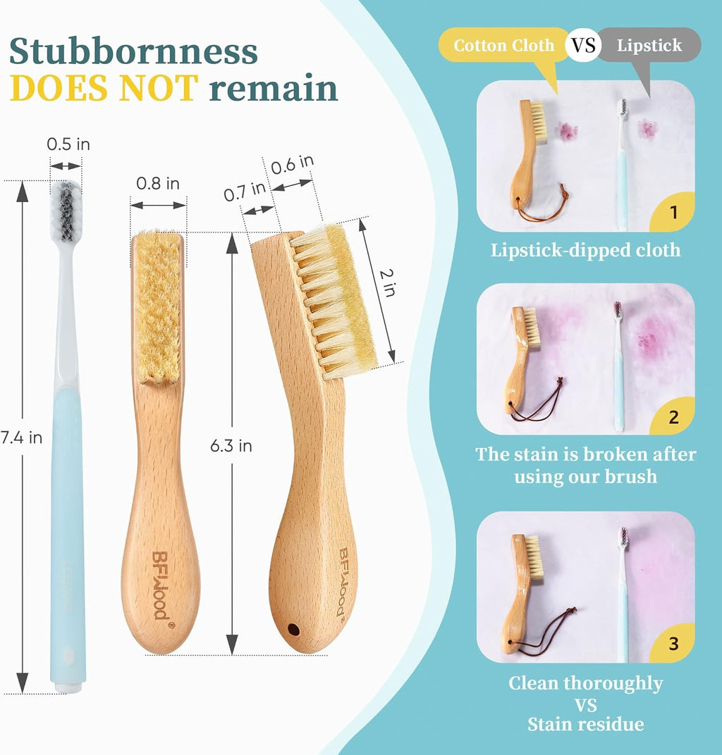 BFWood 2PCS Laundry Stain Brush - Natural Soft Boar Bristles, Removes Tough Stains from Delicate Fabrics Like Knits, Cotton, and Linens, Gentle on Fabrics, No Damage