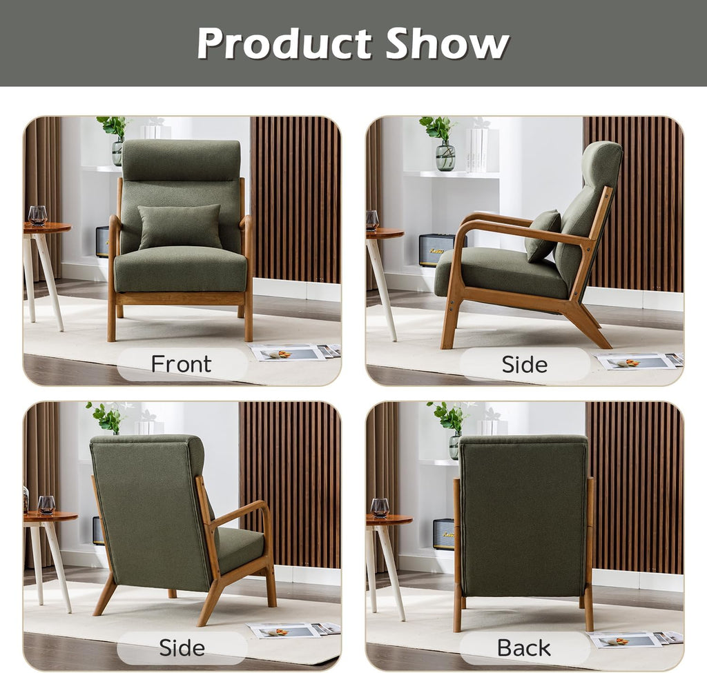 INZOY Mid Century Modern Accent Chair Set of 2, High Back Reading Armchair with Wood Frame, Upholstered Living Room Chairs with Waist Cushion, Single Lounge Arm Chair for Bedroom Sunroom, Green
