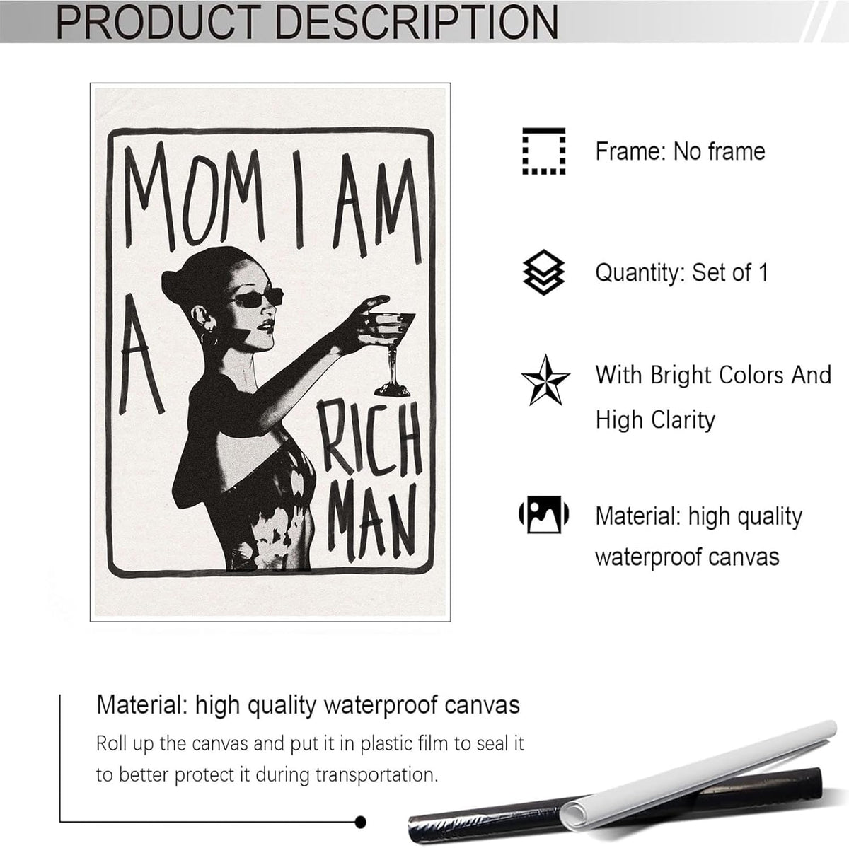 Liyark Mom I Am A Rich Man Aesthetic Retro Music Goblet Poster Feminist canvas Wall Art Vintage Bar Cart Wall Decor Preppy Dorm Decor Unique Wall Art prints painting 16x24in Unframed