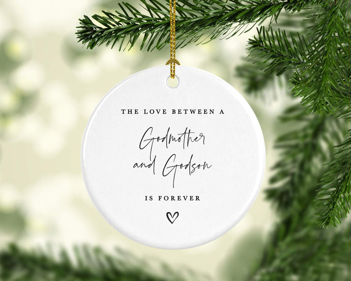 Andaz Press Round Ceramic Porcelain Christmas Tree Ornament Keepsake Collectible Godmother Gift, The Love Between A Godmother And Godson Is Forever, 1-Pack Godmother Ornament 2025 Godson Ornament 2025