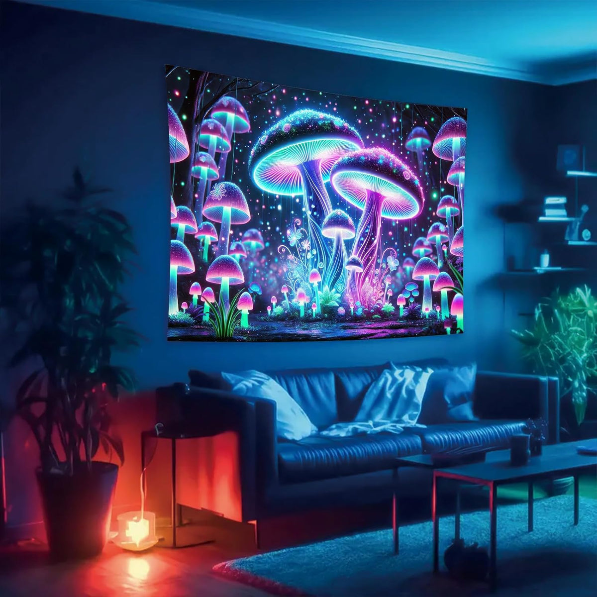 Starlit Patio Blacklight Mushroom Tapestry UV Reactive Trippy Glowing Wall Hanging Tapestry for Bedroom Living Room Dorm Aesthetic Psychedelic Forest Decor Fluorescent Poster Large 78 x 59 Inch