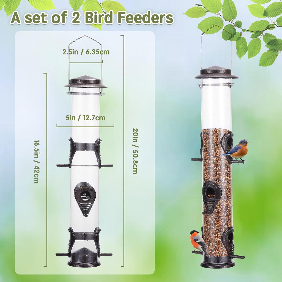 MIXXIDEA 2PK Metal Wild Bird Feeder Squirrel Proof Bird Feeders for Outside Hanging 6 Port Tube Bird Feeder Transparent Finch Feeder with Steel Hanger (Coffee)