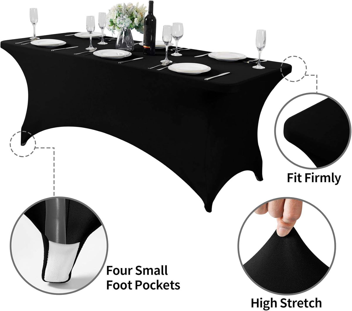 Spandex Table Cover for 6Ft or 4fT or 8ft Table Universal Fitted Stretch Tablecloth for Party, Banquet, Wedding and Events-Black