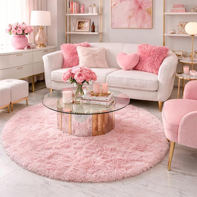 Amdrebio Pink Big Fuzzy Furry Circle Rug 8Ft - Image 4