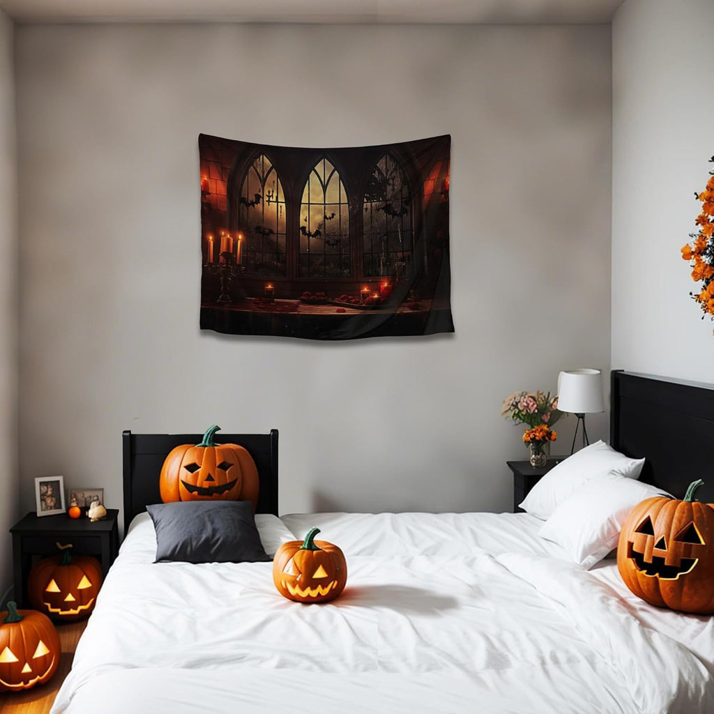 QGHOT Halloween Tapestry Wall Hanging Horror Castle Window Tapestry Gothic Spooky Backdrop Vampire Medieval Tapestries for Bedroom Living Room Dorm Wall Art Decor (28.7"x37.4")