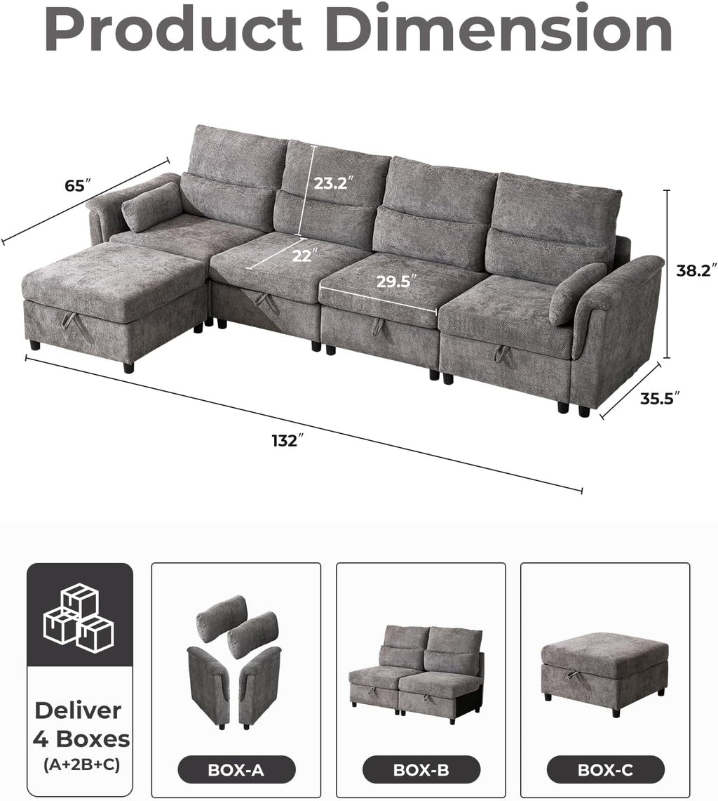 132'' Oversized Modular Sectional Sofa, L Shaped Comfy Cloud Sectional Couch with Storage, 5 Seat Extra Deep Seat Modular Sofas with Throw Pillows for Living Room, Grey