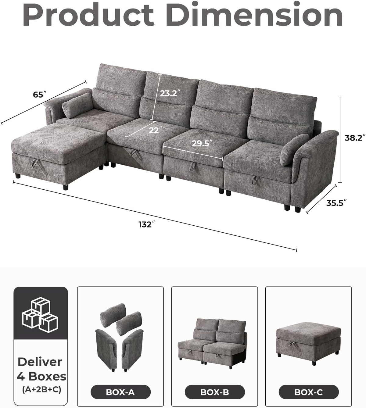 132'' Oversized Modular Sectional Sofa, L Shaped Comfy Cloud Sectional Couch with Storage, 5 Seat Extra Deep Seat Modular Sofas with Throw Pillows for Living Room, Grey