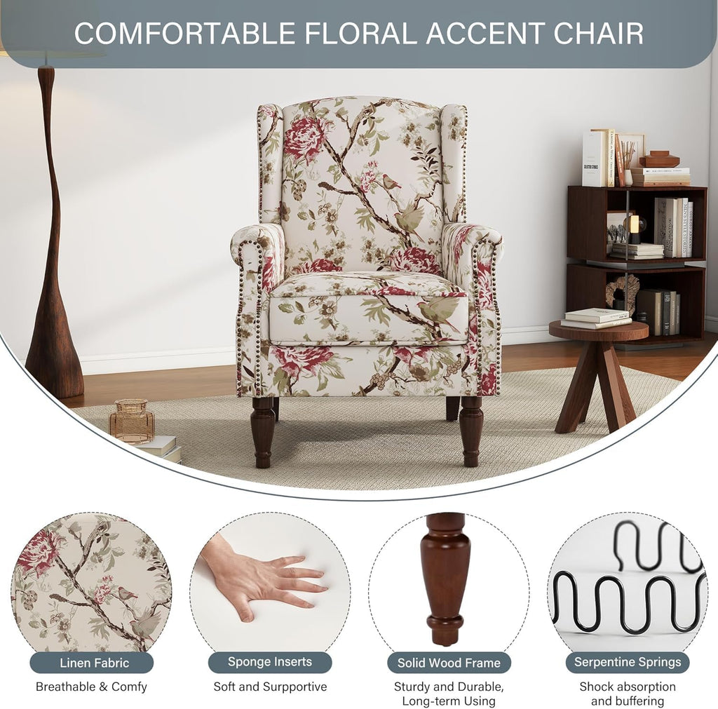 UIXE High Back Accent Chairs Set of 2, Fabric Upholstered Armchair for Living Room, Retro Printed Wingback Arm Chair Rivet Trimed Single Sofa Bedroom Reading Seat - Beige Floral