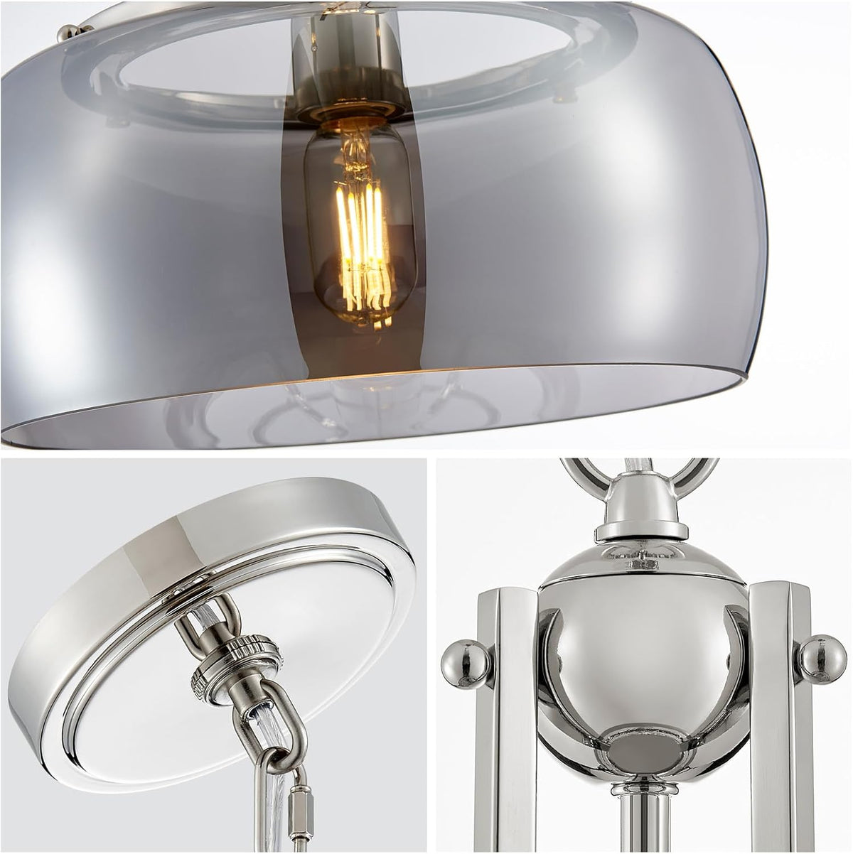 WUZUPS Nickel Chandelier Rustic Farmhouse Industrial Round Ceiling Pendant LED Light Fixture with Electroplated Gray Glass Shade for Dining Room Kitchen Island Foyer Entryway, H 17" W 13.4", E26 Base