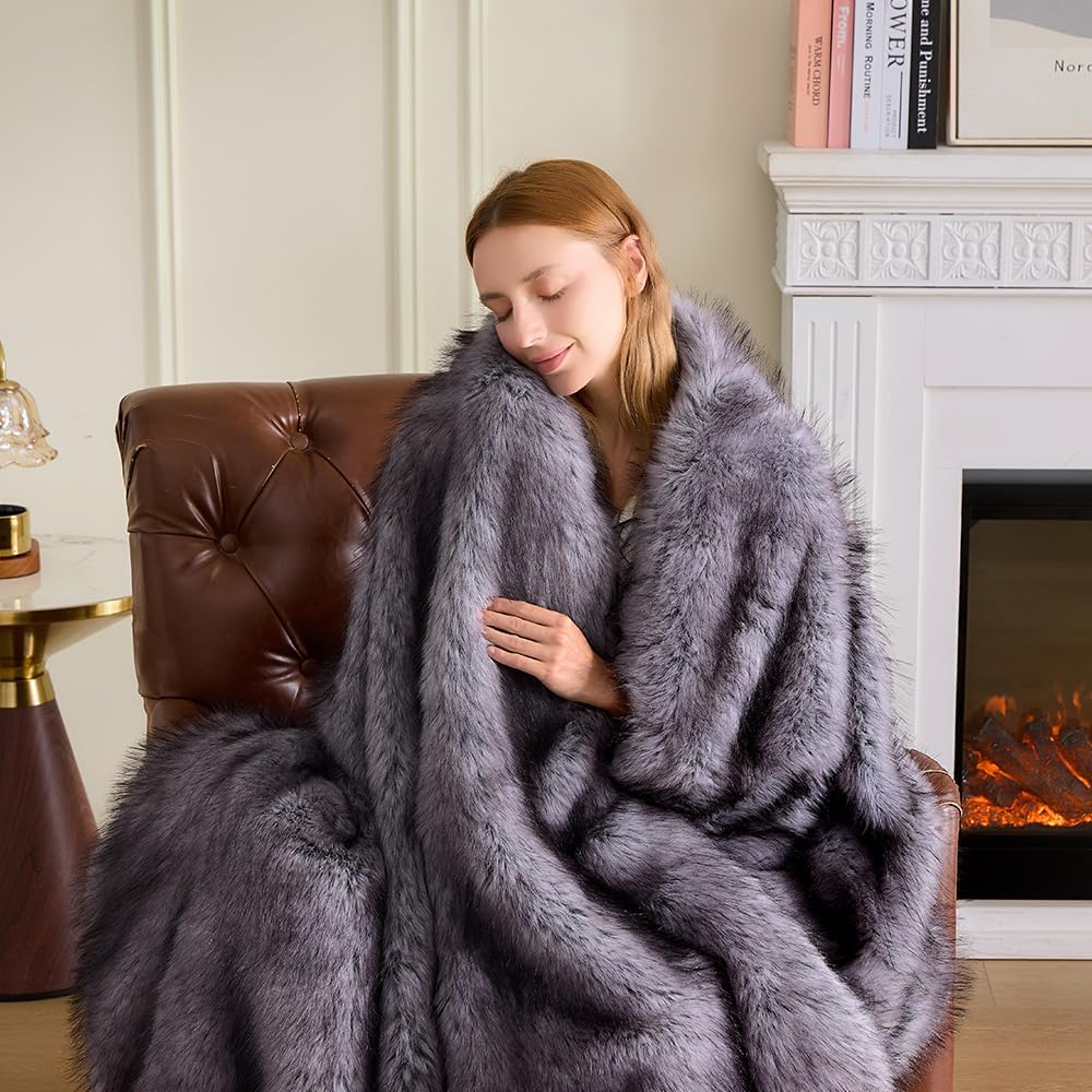 Fluffy Faux Fur Throw Blanket – Super Soft Warm Thick Plush Blanket for Bed, Couch & Office, Cozy Fuzzy Throw with Flannel Backing,60"x80", Grey