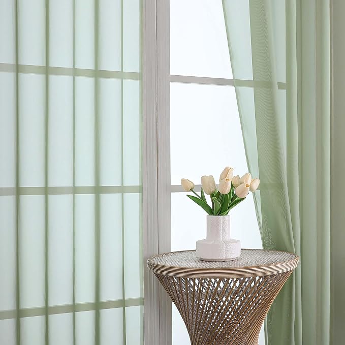 Extra Long Sage Green Sheer Curtains 144 inch 2 Panels Set, Translucent - Image 2