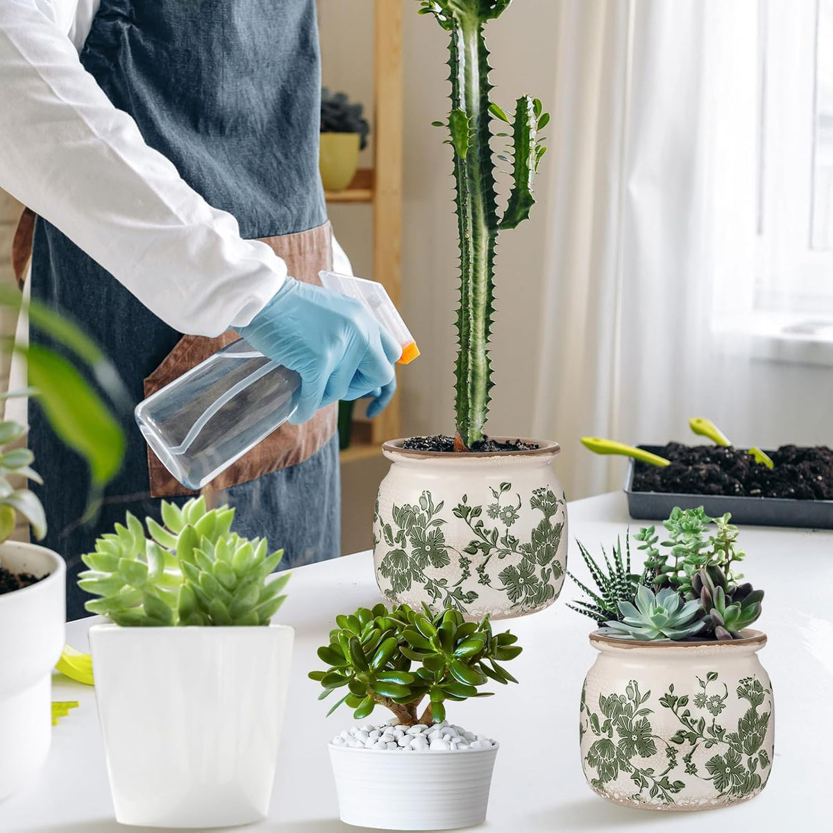 2 Pcs Vintage Planter Large Ceramic Plants Pot Beige Green Vintage Floral Ice Crack Cottage Scroll Vase Flower Vase Pot Indoor Plants Home Kitchen Decor Farmhouse Antique Decorative Gifts