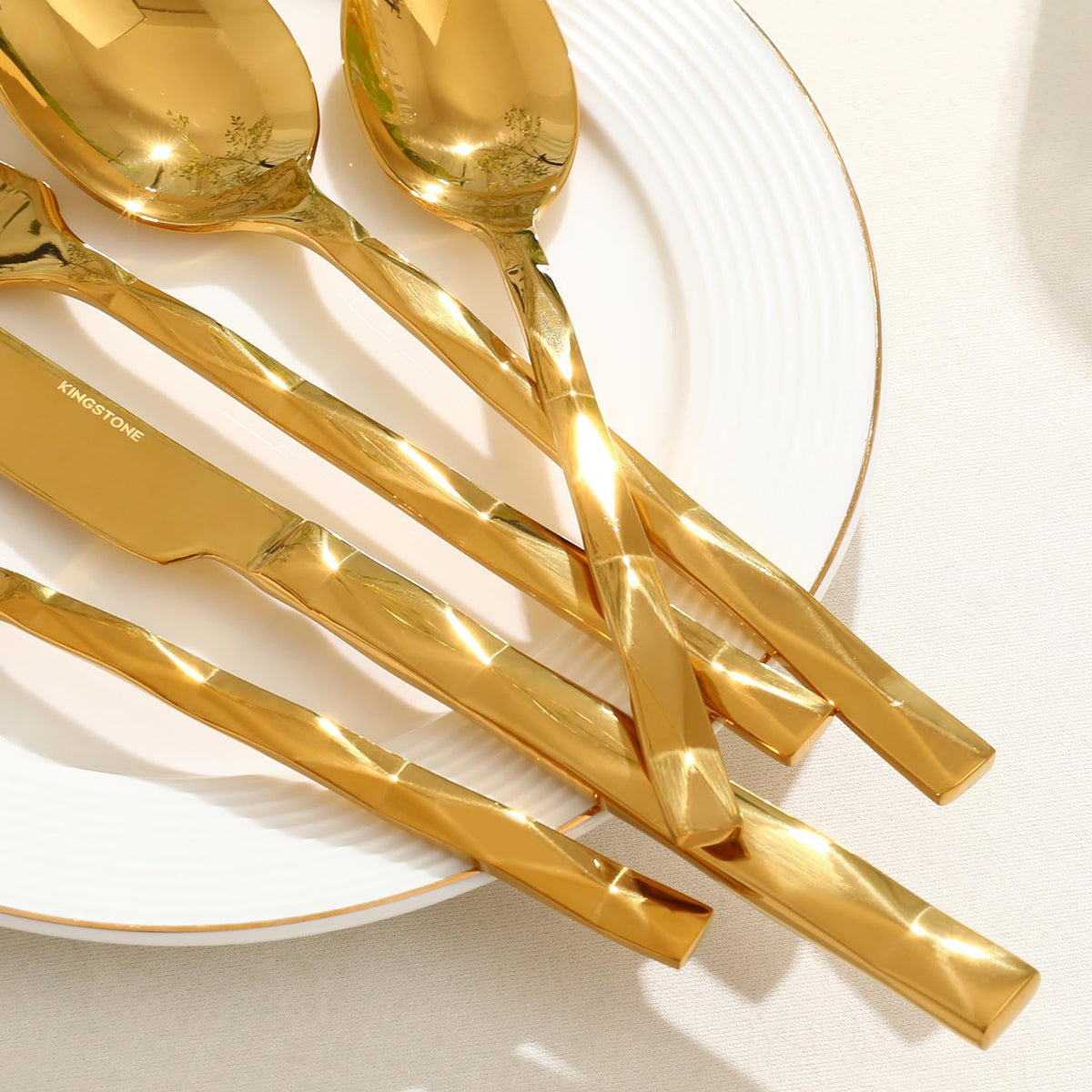 KINGSTONE Gold Silverware Set, Luxury 40 Piece Flatware Set for 8, 18/10 Stainless Steel Cutlery Set with Diamond Cut Pattern for Kitchen, Home, Wedding, Party, Mirror Polished and Dishwasher Safe