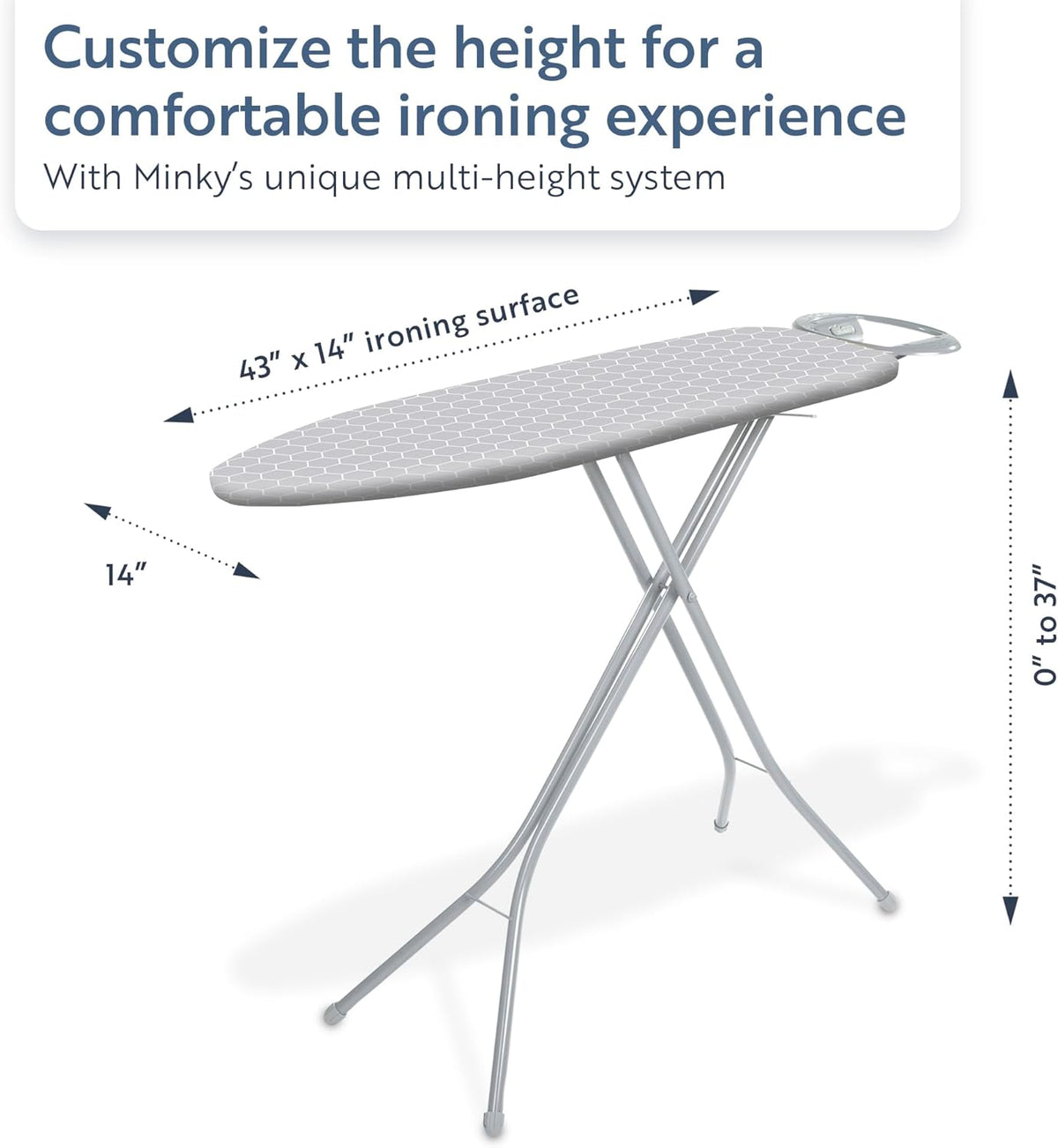 Minky Homecare Classic 4-Leg Ironing Board with Iron Rest - Freestanding Full Size Iron Board for Clothes Pressing with 43" x 14" Surface - Grey Honeycomb