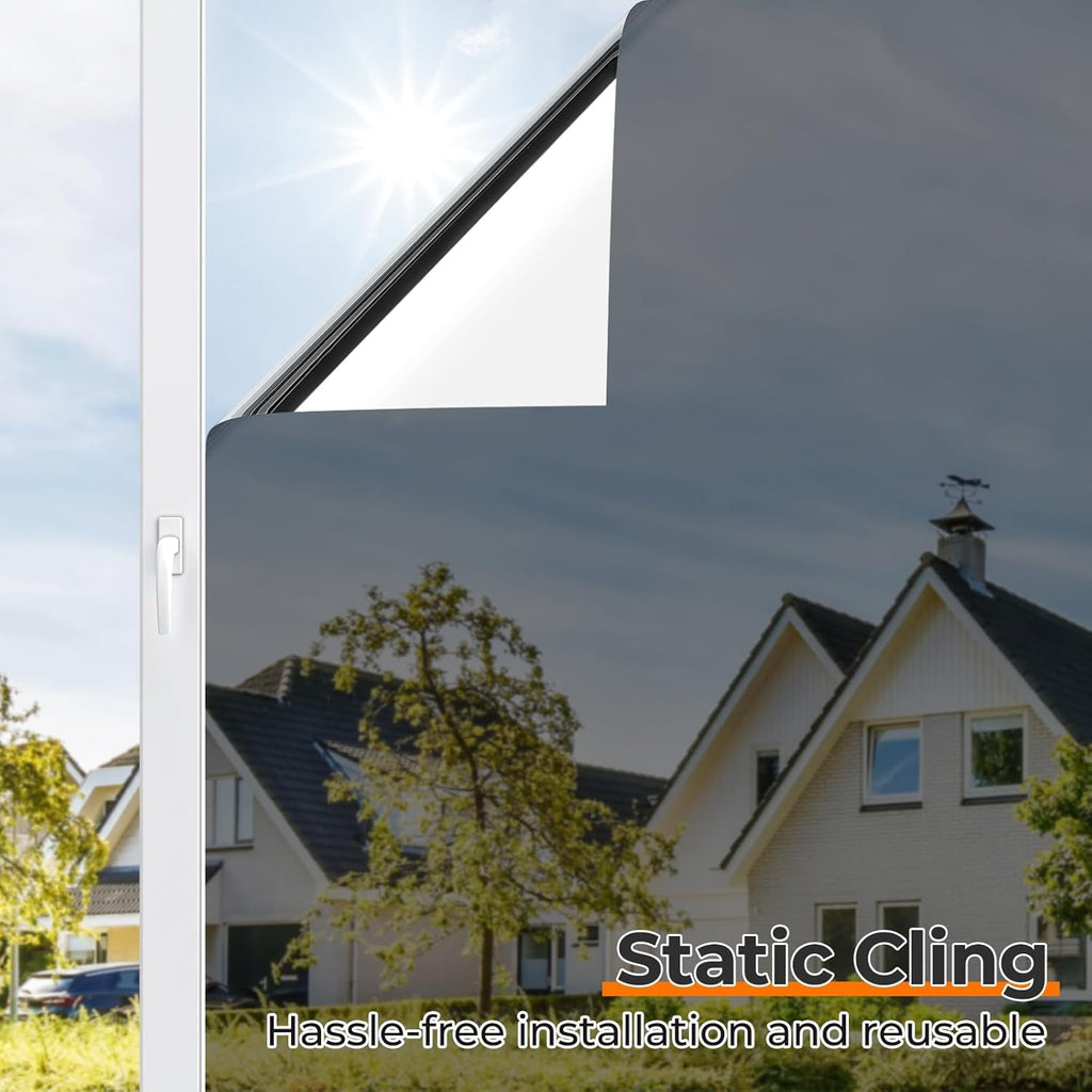 DOWELL Window Privacy Film, One Way Window Tint for Home, Static Cling Anti UV Sun Blocking Reflective Mirror Film, Heat Control See Out Not in Glass Tinting, Black Silver, 35.4" x 78.7"