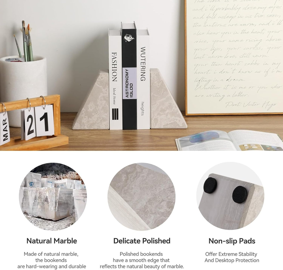 Marble Bookends for Heavy Books, Decorative Book Ends for Shelves, Durable and Heavy-Duty Bookends for Hardback Book & CDS, Off-White Unique Books Stopper & Holder, Set of 2