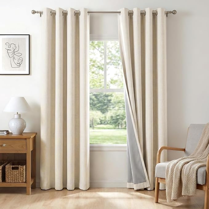 100% Blackout Linen Textured Curtains 84 Inch Long, Butter Cream | 100% by 100BlackoutShield