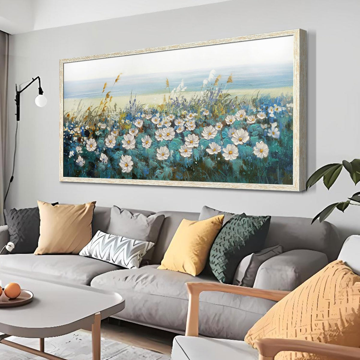 Arjun Flowers Wall Art Canvas White Daisy Floral Painting Blue Coastal Landscape Picture Modern Artwork for Living Room Bedroom Bathroom Dinning Room Office Home Wall Decor Large Framed 48"x24"