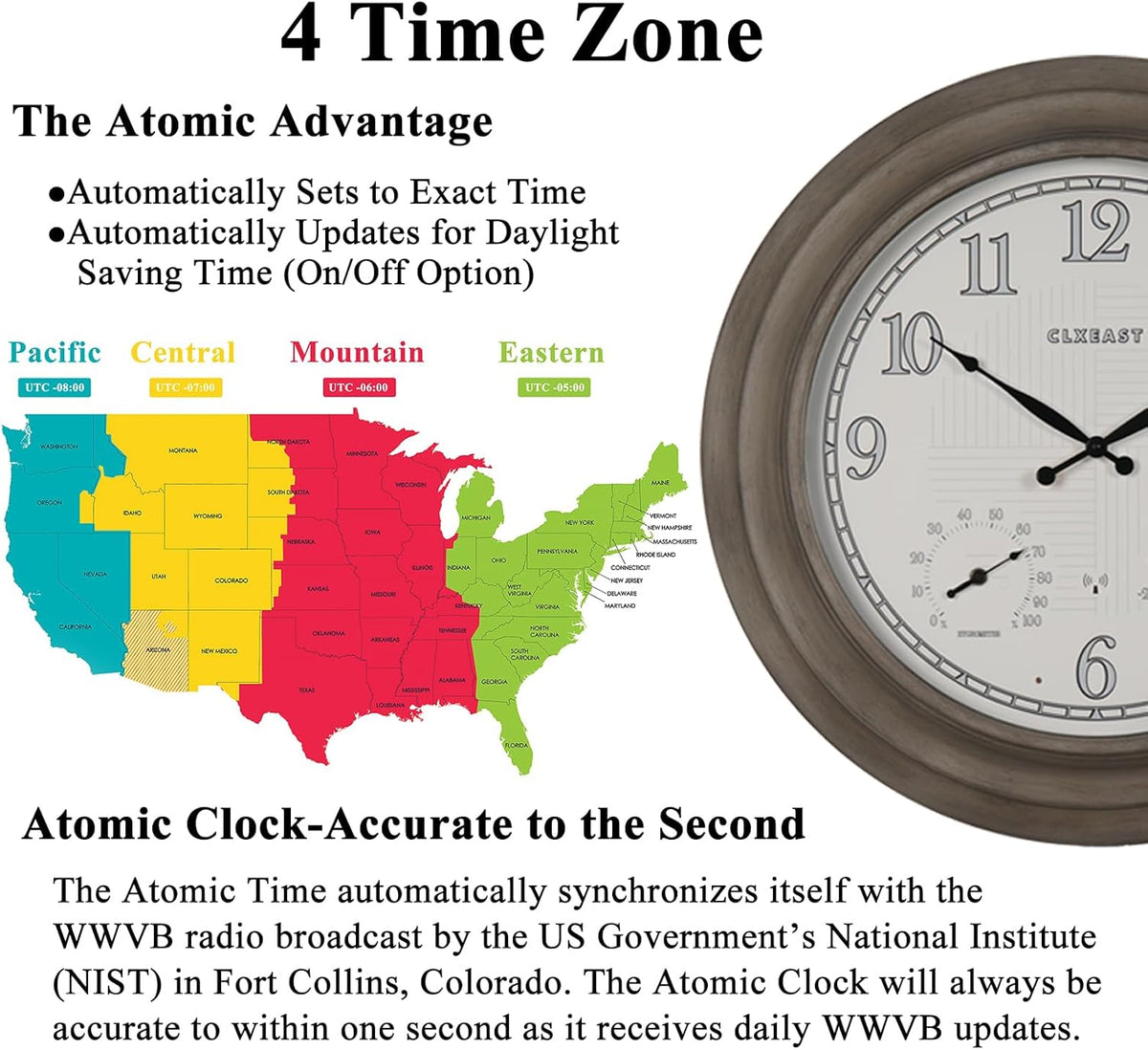 CLXEAST 24 Inch Self-Illuminated in/Outdoor Atomic Wall Clock with Temperature and Humidity, Oversized Large 24 Inch Wall Clocks for Living Room Decor, Brushed Grey Oak Wooden Finish