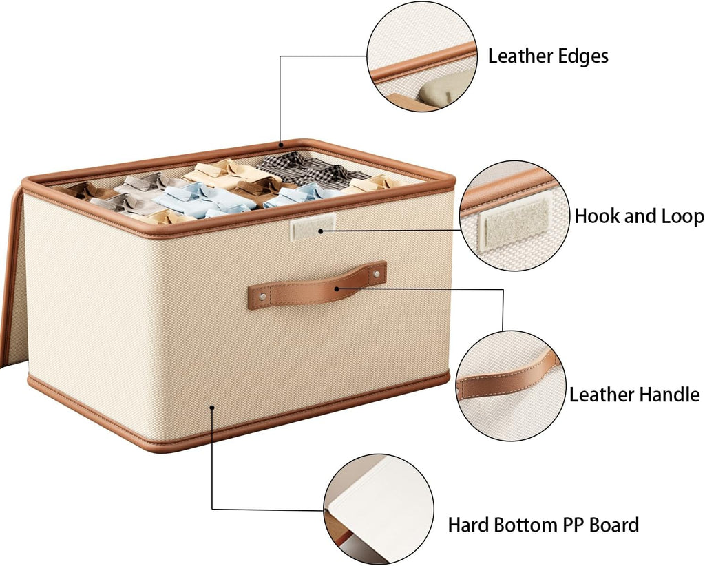 Tuza 2 Pack Storage Bins with Lids, Collapsible Closet Organizer Container, Fabric Organizer Box with Handles, Decorative Storage Boxes with Lids for Organizing Clothes, Books, File, White, Large