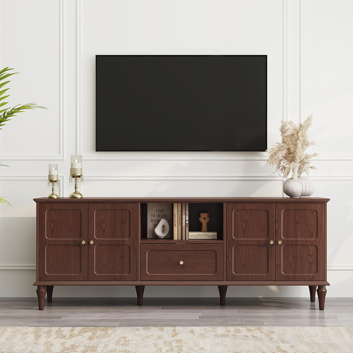 ARTPOWER 67'' Mid-Century Modern TV Stand with Storage Drawer and Doors, Long TV Stand with Adjustable Shelves for 75 Inch TV for Living Room, Bedroom, Brown