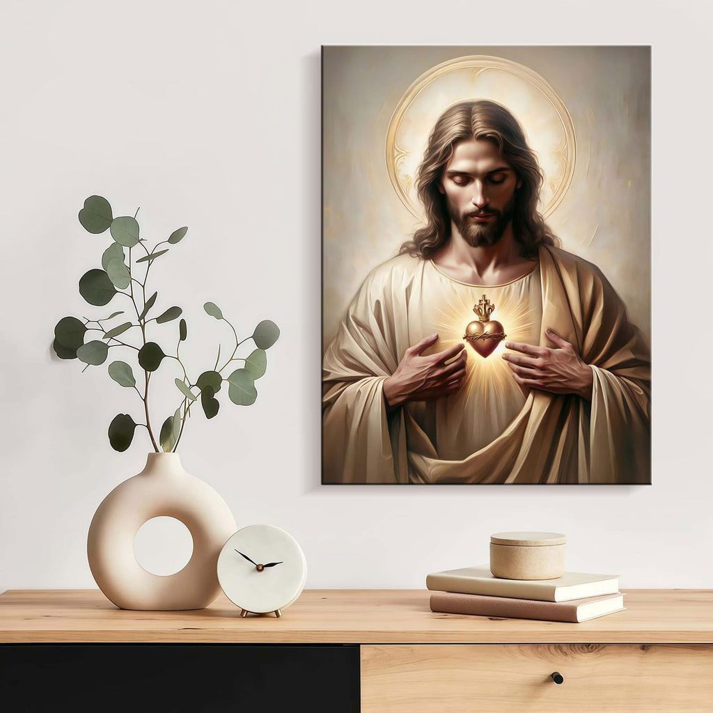 Framed Jesus Sacred Heart Religious CatholicWall Art Decor Canvas Print Print Poster Artwork Christian Home Decor Gallery for Bedroom Living Room 16x24 Inch Ready to Hang