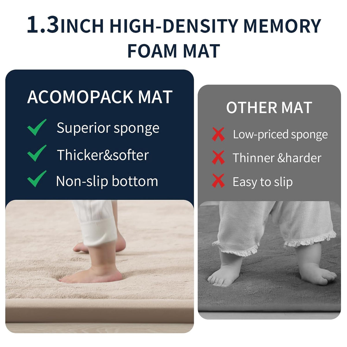 ACOMOPACK Baby Play Mat for Floor 1.3" Thick Memory Foam Play Mat 79"×118" Tummy Time Crawling with Non-Slip Bottom for Living Room,Nursery,Soft Velvet Playpen Mats for Kids,Infants（Beige）