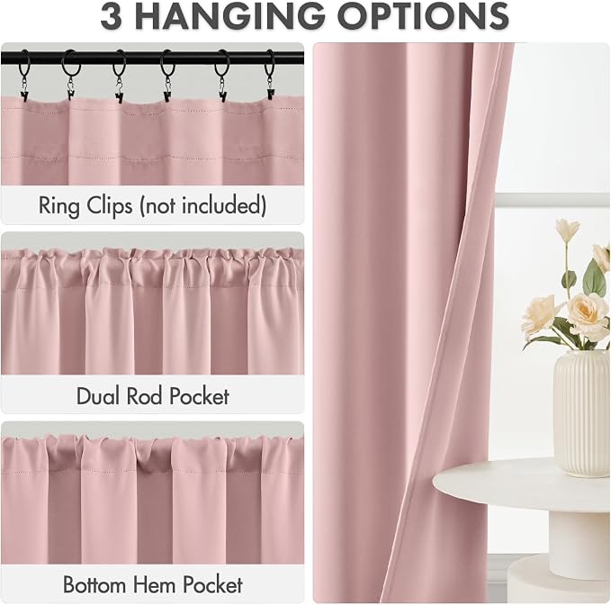 MIULEE Set of 4 Light Pink 45 Inch Short Blackout Kitchen Window Curtains | - Image 2