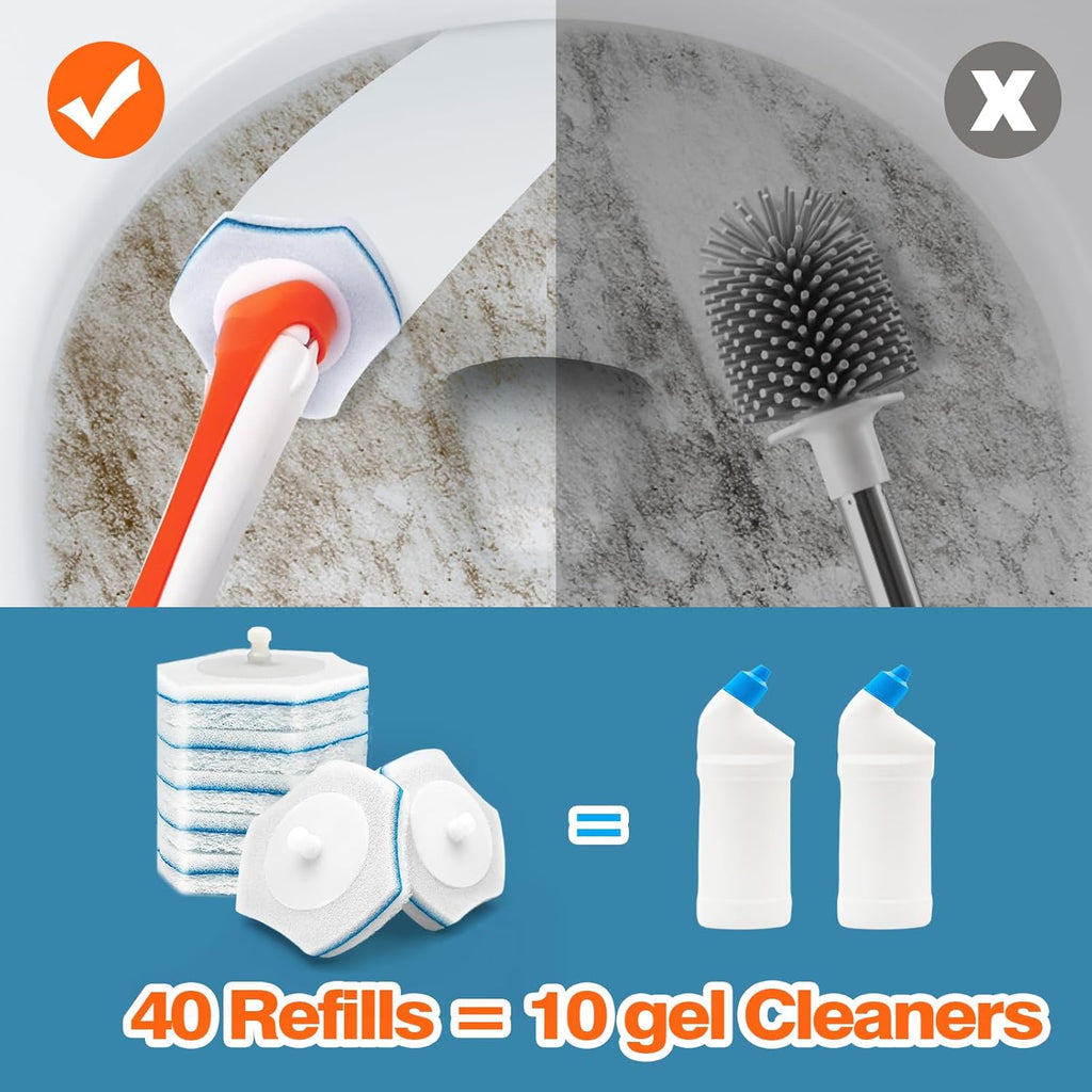 JEHONN Disposable Toilet Bowl Cleaner Wand with 40 Cleaner Refills, Wall Mounted Long Handle Compact Bathroom Scrub Brush Holder Set for Sink Bathtub Wash Basin Mop Pool (Orange)
