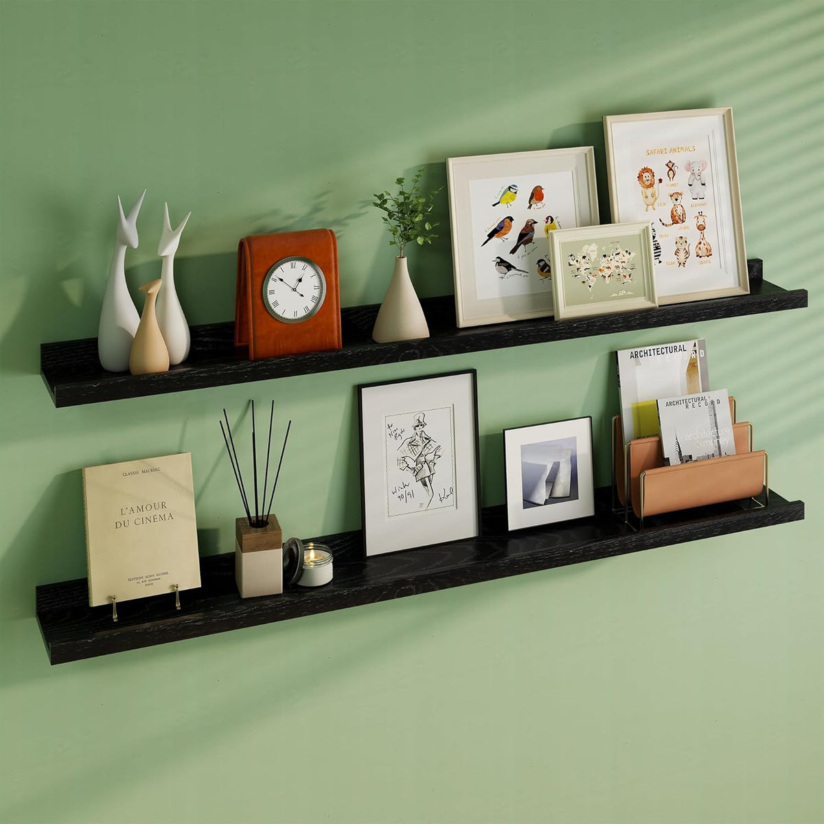 Floating Picture Ledge Shelves 55 Inch Solid Oak Wood Set of 2, Rustic Wall Storage Shelves with Lip, Kids Bookshelf, Photo & Picture Ledge Shelves for Bedroom, Living Room, Kitchen