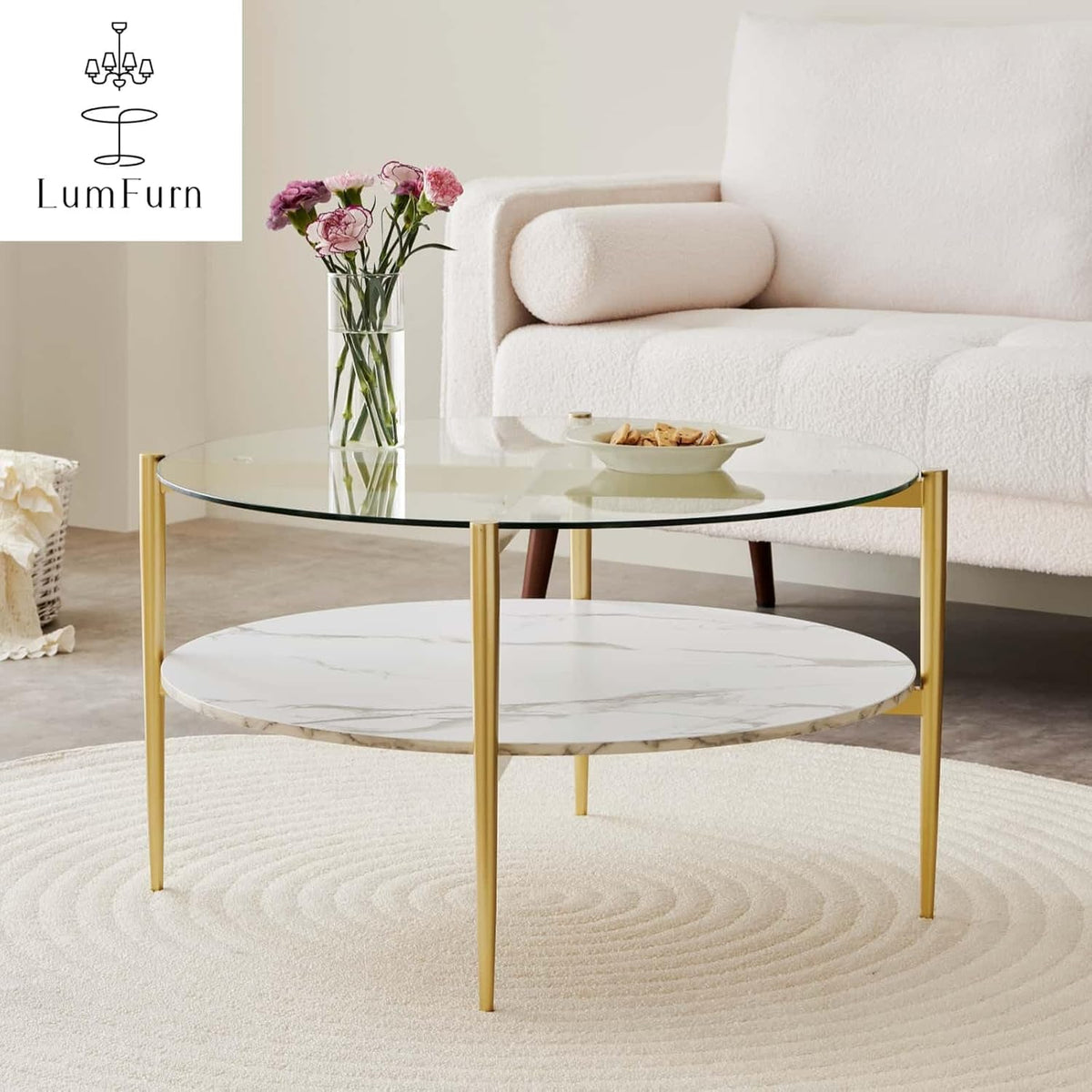 Round Coffee Table for Living Room, Mid-Century Modern Design, D30 x H17, 2-Tier Structure, Clear Glass Top and White Marble Finish Wood Shelf, Sleek Conical Metal Legs with Gold Finish Frame