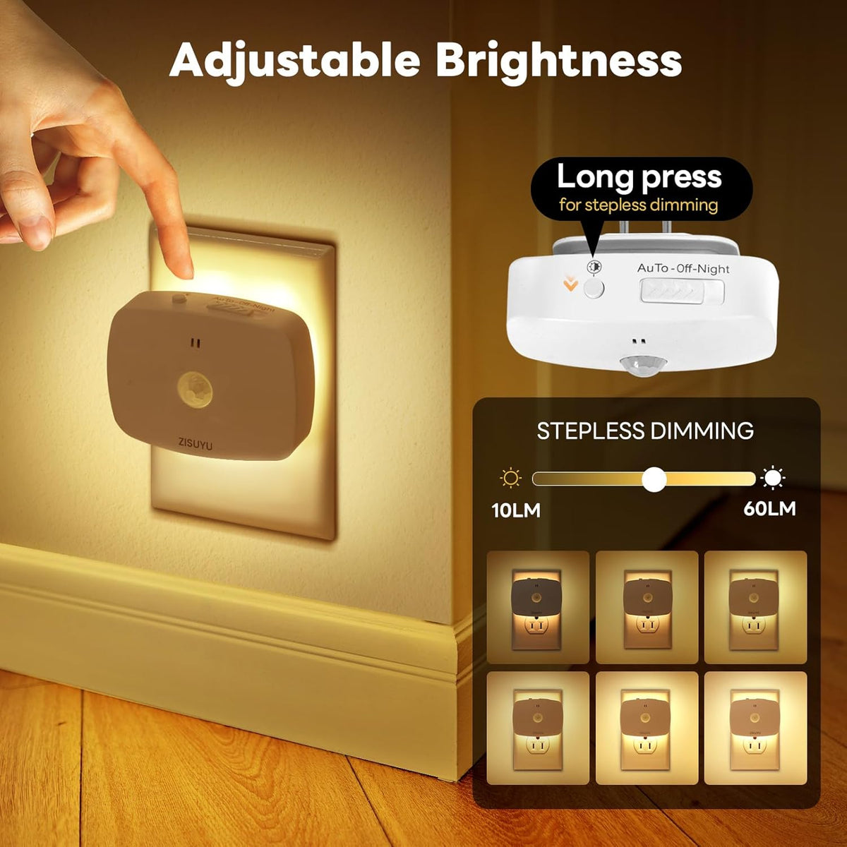 ZISUYU Plug-in LED Backlit Night Light with Motion Sensor & Dusk to Dawn Sensor, 10-60lm Dimmable Nightlight with Multi-Mode & Color-Changing, Ideal for Bedroom, Bathroom, Stairs, Hallway (6 Pack)