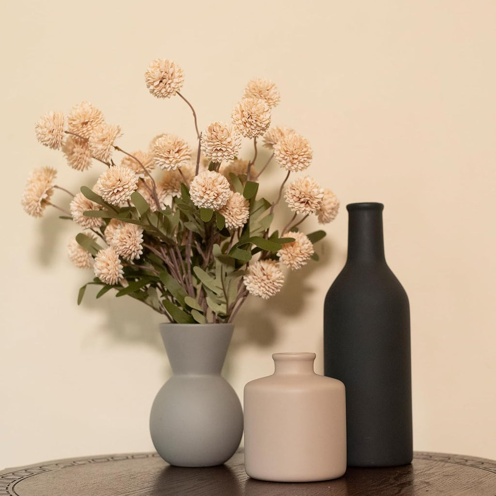Fake Flowers in Vase for Centerpieces, Faux Flowers in Modern Ceramic Vase Set of 3 with 8 Artificial Autumn Chrysanthemums Home Decor