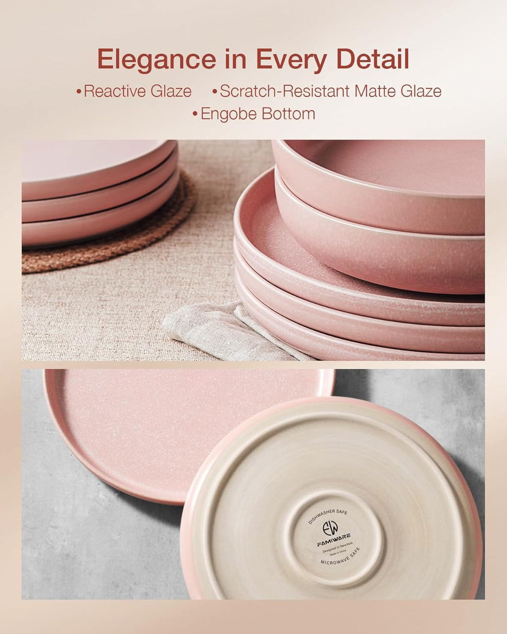 Famiware Milkyway Plates and Bowls Sets, 12 Pieces Dinnerware Sets, Reactive Glaze Dish Set, Stoneware Dishes Set for 4, Light Pink