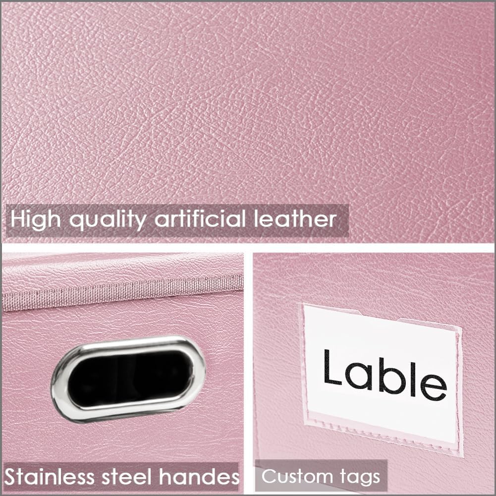 PRANDOM Large Collapsible Storage Box with Lid [1-Pack] Leather Fabric Foldable Storage Bin Organizer Container Basket Cube with Cover for Home Bedroom Closet Office Nursery Pink (17.7x11.8x11.8)