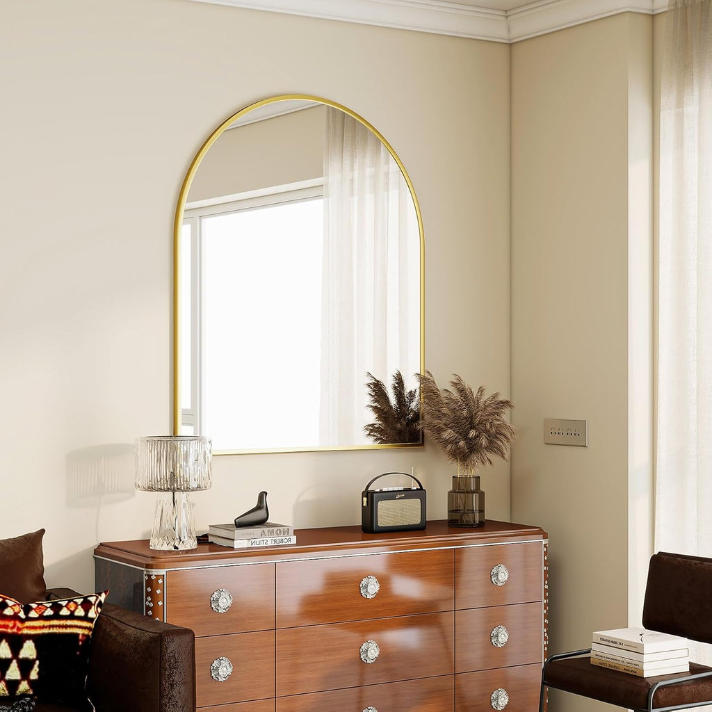 BEAUTYPEAK 36"x48" Arch Bathroom Mirror, Wall Mounted Vanity Metal Frame Mirror for Bedroom, Entryway, Living Room, Gold